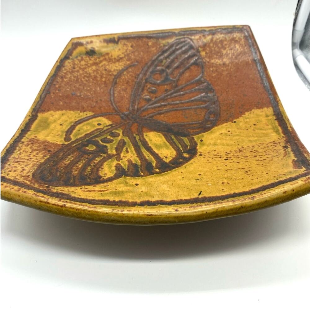 Vintage Butterfly signed Studio Pottery Gold‎ Burnt orange footed dish signed